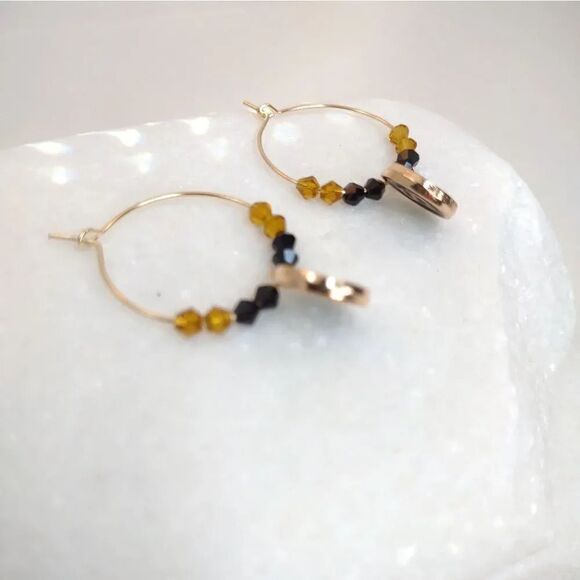 Initial Charm Earrings Black and Gold - Picture 10 of 16
